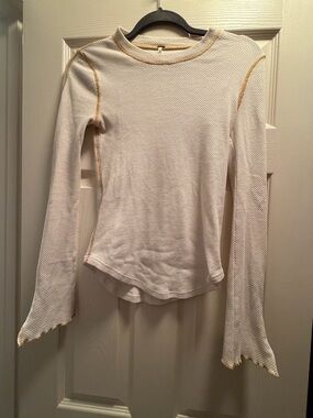 Free People White Thermal Long-Sleeve Top with Gold Contrast Stitching
